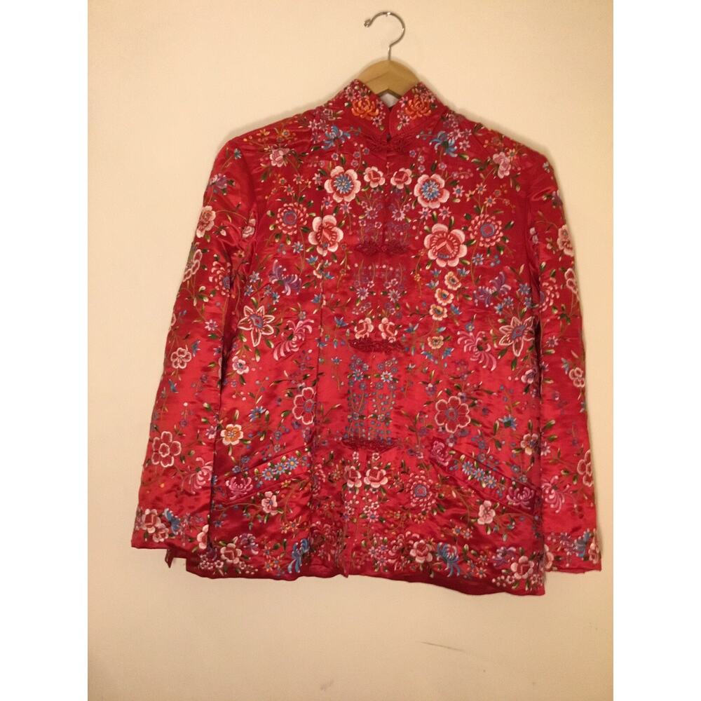 Plum Blossoms Vintage Chinese Red Embroidered Silk Jacket, Sz 38